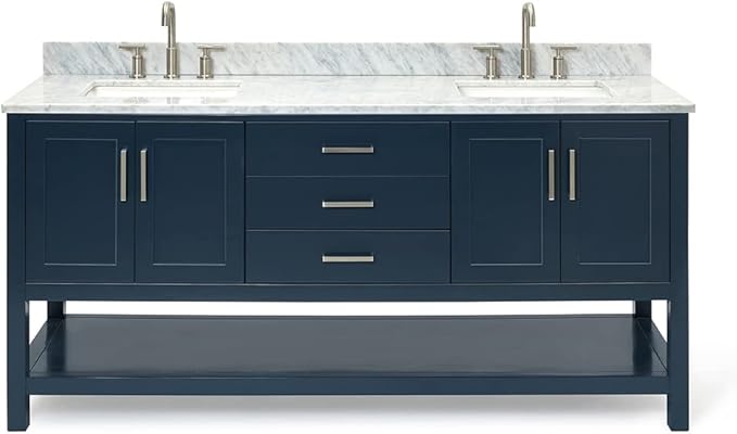 ARIEL Magnolia 72-inch Bathroom Vanity with Sink,Solid Wood, 0.75-inch Italian Carrara Marble Countertop, Double Rectangular Porcelain Sink, 4 Soft Closing Doors, 3 Dovetail Drawers, Midnight Blue