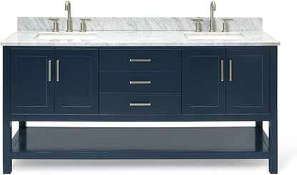 ARIEL Magnolia 72-inch Bathroom Vanity with Sink,Solid Wood, 0.75-inch Italian Carrara Marble Countertop, Double Rectangular Porcelain Sink, 4 Soft Closing Doors, 3 Dovetail Drawers, Midnight Blue