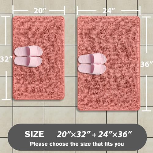 Coral Bathroom Rugs Sets 2 Piece – Absorbent and Washable Bath Mat, Non-Slip, Thick Soft Chenille Bath Rugs for Bathroom, Shower, Sink - 20" x 32"+24" x 36"