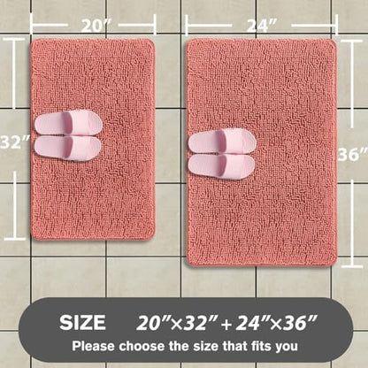 Coral Bathroom Rugs Sets 2 Piece – Absorbent and Washable Bath Mat, Non-Slip, Thick Soft Chenille Bath Rugs for Bathroom, Shower, Sink - 20" x 32"+24" x 36"