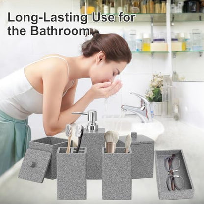 Gray Bathroom Accessories Set Resin 6PCS, Square Toothbrush Holders Set Complete with Soap Dispenser, Vanity Tray, Tumbler, Cups and Cotton Swab Jars for Counter, Sink or Small Spaces