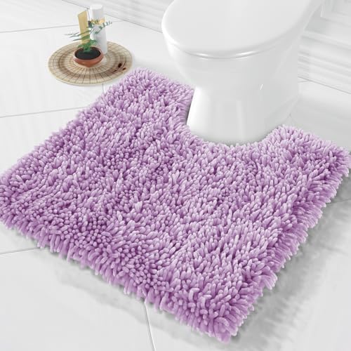 Yimobra Toilet Rugs U Shaped Washable, Extra Thick Soft Absorbent Chenille Contour Bathroom Rugs for Toilet 24x24 Inch, Quick Dry Non Slip Toilet Mat for Bath Floor, Lilac
