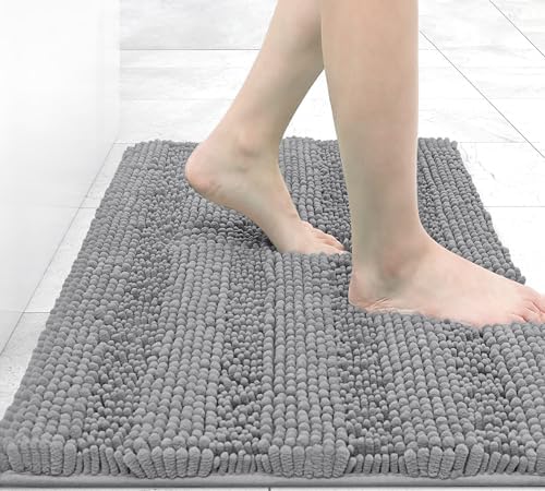 Grandaily Chenille Striped Bathroom Rugs 24x16, Extra Thick and Absorbent Bath Mats, Non-Slip Soft Plush Shaggy Shower Carpet, Machine Wash Dry, Bath Rug for Bathroom, (Small, Dark Gray)