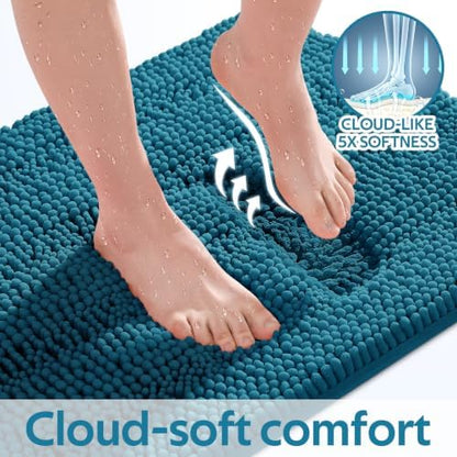 ACCUMTEK Comfydew Striped Teal Blue Bathroom Rug Set 3 Pieces Ultra Soft, Non Slip Chenille Toilet Mat, Absorbent Plush Shaggy Bath Mats for Bathroom, Bedroom, Kitchen