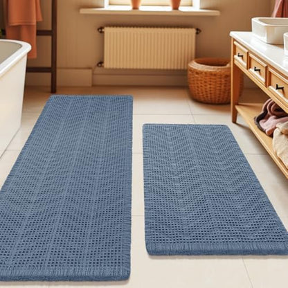 Upgrade Waffle Bath Mat Set 2 Piece, Boho Bathroom Rugs Absorbent Non Slip, Ultra Soft Bathroom Mat, Machine Washable Knit Bath Rugs with Herringbones for Bathroom,Bedroom,Kitchen, Shower, Tub, Blue