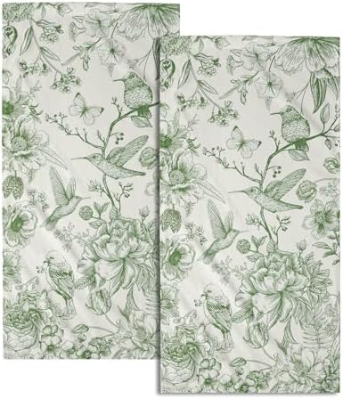 Chinoiserie Green Flowers Hand Towels Set of 2, Absorbent Spring Vintage Floral Birds Decorative Dish Towel Tea Towels for Farmhouse Bathroom Kitchen Cleaning and Decor