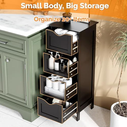 VINGLI Black Bathroom Storage Cabinet with 4 Drawers, Slim Freestanding Floor Cabinet for Small Spaces, Narrow Side Organizer Storage Unit for Restroom, Living Room & Kitchen, Farmhouse Style