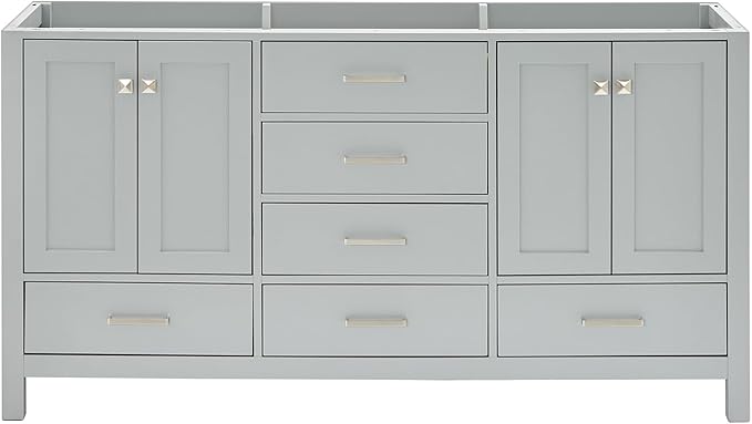 ARIEL Cambridge 66-inch Bathroom Vanity Base Cabinet,Solid Wood, 4 Soft Closing Doors, 6 Dovetail Drawers, Grey