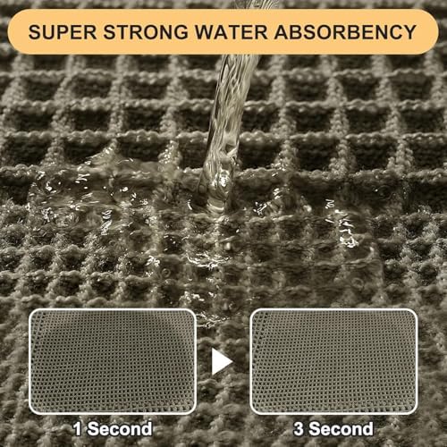 Upgrade Waffle Bath Mat Set 3 Piece, Greyish Green, Boho Bathroom Rugs Absorbent Non Slip, Ultra Soft Bathroom Mat, Machine Washable Knit Bath Rugs with Tassels for Bathroom, Kitchen, Shower, Tub