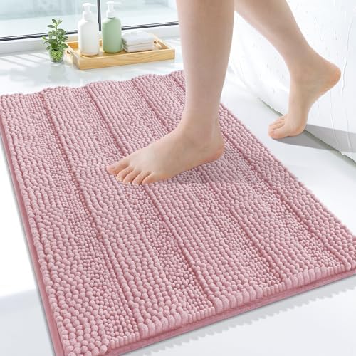 Grandaily Chenille Striped Bathroom Rugs 24x16, Extra Thick and Soft Absorbent Bath Mats, Rubber Backing, Plush Shaggy Shower Carpet, Machine Wash Dry, Bath Rug for Bathroom, Dusty Rose