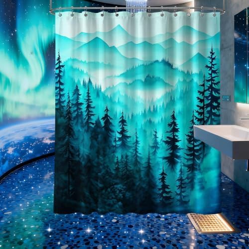 Dark Teal Forest Extra Long Shower Curtain, Tall 72X96 in, Mountain