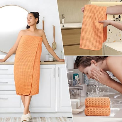 POLYTE 430 GSM Poly Blend Microfiber Quick Dry Waffle Bath Towel Set of 6