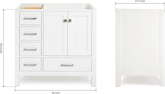 ARIEL Cambridge 36-inch Bathroom Vanity Base Cabinet,Solid Wood, 2 Soft Closing Doors, 5 Dovetail Drawers, White
