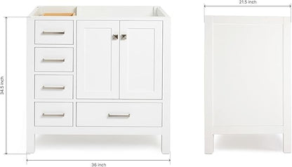 ARIEL Cambridge 36-inch Bathroom Vanity Base Cabinet,Solid Wood, 2 Soft Closing Doors, 5 Dovetail Drawers, White