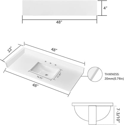 48" x 22" Vanity Top, Quartz Vanity Sink Top in Pure White, with One Sidesplash & One Backsplash, with Undermounted Sink,8 Inch Faucet Hole Spread for Vanity Top with Sink