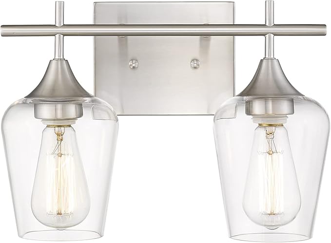 2 Lights Bathroom Light Fixture, 15 Inch Brushed Nickel Bathroom Vanity Lights Over Mirror, Modern Farmhouse Bath Wall Sconce Light with Clear Glass, WL9167-2C