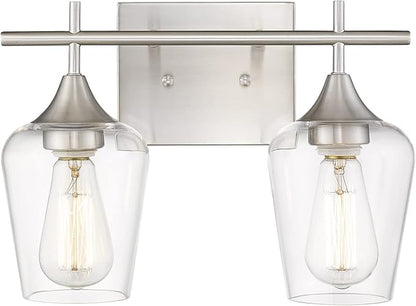 2 Lights Bathroom Light Fixture, 15 Inch Brushed Nickel Bathroom Vanity Lights Over Mirror, Modern Farmhouse Bath Wall Sconce Light with Clear Glass, WL9167-2C