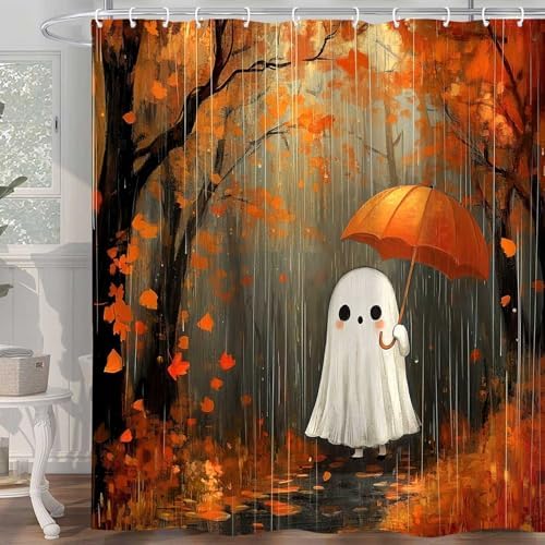 Halloween Ghost Pumpkin Shower Curtain, Cute Funny Autumn Seasonal Floral Decor Bath Curtains, Fall Maple Leaves Spooky Waterproof Fabric Bathroom Accessories with Hooks, 72x72 Inch