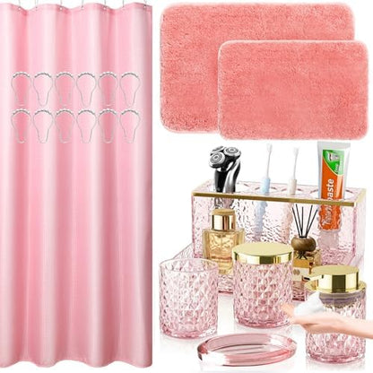 Pink Bathroom Accessories Set - 20PCS Glass Bathroom Set with Shower Curtain and Rugs, Soap Dispenser, Soap Dish, Cup, Qtip Jar, Toothbrush Holder, Stylish & Functional Bath Decor for Home, Apartment