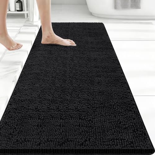 Bcoimo Bath Rug Mat, 48x24 Chenille Non Slip Black Long Bathroom Runner Rug