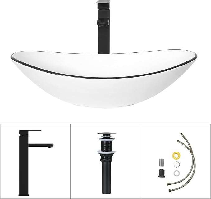 32 Inch Bathroom Vanity with Sink, Traditional Freestanding Black Bathroom Vanity Cabinet with Four Drawers, Pedestal Cabinet with White Boat Ceramic Sink with Black Trim