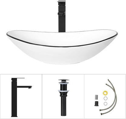 32 Inch Bathroom Vanity with Sink, Traditional Freestanding Black Bathroom Vanity Cabinet with Four Drawers, Pedestal Cabinet with White Boat Ceramic Sink with Black Trim