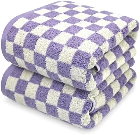 Shower Towels for Bathroom 27.5x55 Inches - Cute Checkered Towel Sets Lilac