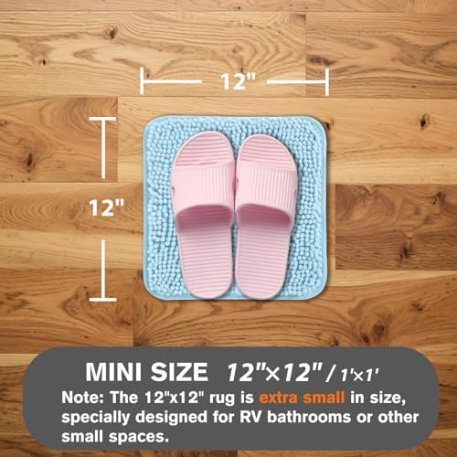 Small Bathroom Rug 12"x12" – Washable and Absorbent Mini Bath Mat, Non Slip, Thick Soft Chenille Bath Rugs for Bathroom, Shower, Locker Rug(Light Blue)