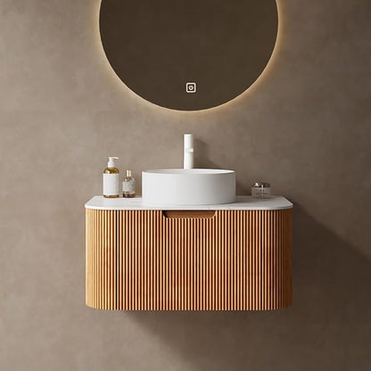 30'' Bathroom Vanities Cabinet with Sink Combo, Wall Mounted Floating Cabinet W/Curved Edges Stripes, Oak Plywood, Soft-close System with a Drawer, White Round Ceramic Basin - Kiel, Natural Wood