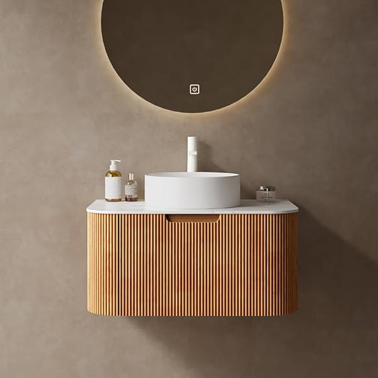 30'' Bathroom Vanities Cabinet with Sink Combo, Wall Mounted Floating Cabinet W/Curved Edges Stripes, Oak Plywood, Soft-close System with a Drawer, White Round Ceramic Basin - Kiel, Natural Wood