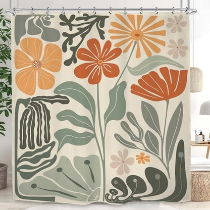 Retro Flower Matisse 70s Shower Curtain 72Wx72L Inch Colorful Groovy Vintage Trendy Funky Sage Green Orange Bathroom Set Accessories Decor with 12 Pack Hooks
