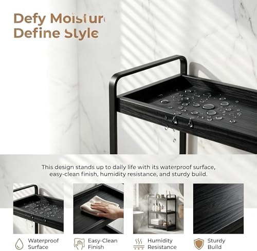 LEMIKKLE Bathroom Counter Organizer with Basket, Bathroom Organizers and Storage,Skincare Organizers for Vanity,Storage Organizers for Bathroom, Kitchen, Dresser (3-Tier Black Wood Rack)