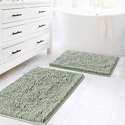 H.VERSAILTEX Bath Rugs for Bathroom Slip-Resistant Shag Chenille Bath Rugs Mat Extra Soft and Absorbent Bath Rug for Shower Room Machine-Washable Fast Dry (Sage, 20" x 32"/17" x 24")