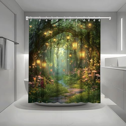 Fantasy Forest Path Shower Curtain Fairy Magical Enchanted Misty Jungle Mushroom Floral Tree Butterfly Lantern Wonderland Plant Bath Curtain Fabric Bathroom Accessories Decor with Hooks 60W x70L