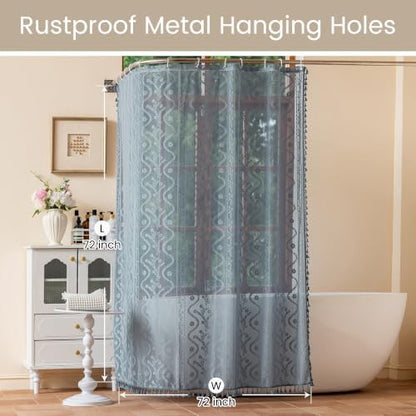 WAZZIO Slate Blue Lace Shower Curtain for Bathroom 72" W x 72" L, Victorian Farmhouse Floral Pattern Tassel Fancy Shower Curtain Boho Washable Cloth Decorative Bath Curtains,1 Panel