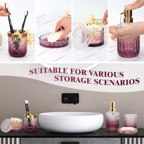 Bathroom Accessories Set, 5Pcs Bathroom Soap Dispenser Set, Glass Bathroom Accessories with Glass Soap Dispenser, Soap Dish, Toothbrush Holder, Tumbler, Cotton Swab Jar (Clear & Red)
