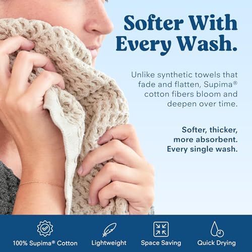 ONSEN Supima® Waffle Hand Towels, Quick Dry Lint Free 100% USA Cotton, Lightweight Absorbent Hand Towel Set, 16x30 in (Oatmeal, Hand Towel 2-Pack)