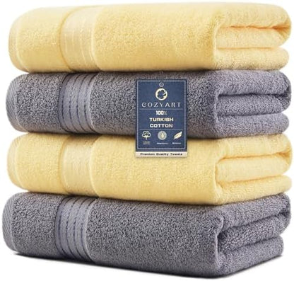 COZYART Luxury Bath Towels 4 PCS, 27x54 650 GSM Turkish Cotton, Grey+Yellow