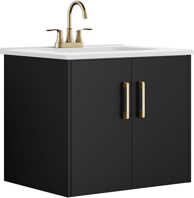 phiestina Pre-Assembled 24 Inch Black Floating Bathroom Vanity, Wall Mounted Cabinet with 2 Soft-Close Doors,3 Holes Ceramic Countertop Sink Combo,No Faucet,BV08-24-BLACK