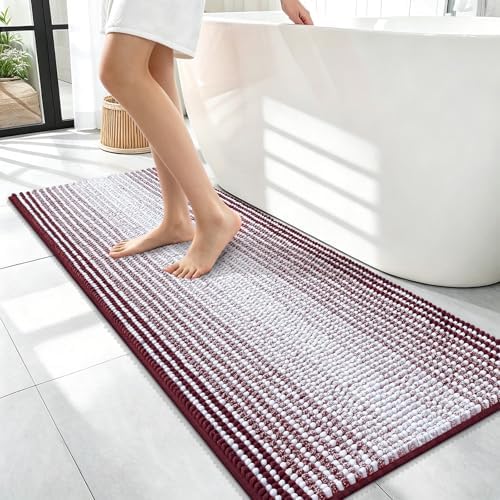 OLANLY Bathroom Runner Rugs 47x17, Chenille Striped Bath Rugs, Burgundy