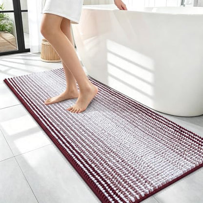 OLANLY Bathroom Runner Rugs 47x17, Chenille Striped Bath Rugs, Burgundy
