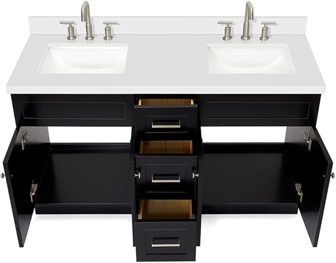 DKB Bradford 60" Double Black Bathroom Vanity with 1.5" Pure White Quartz Countertop, Rectangular Undermount Sinks, 2 Soft-Closing Doors, 3 Full Extension Dovetail Drawers