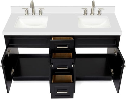 DKB Bradford 60" Double Black Bathroom Vanity with 1.5" Pure White Quartz Countertop, Rectangular Undermount Sinks, 2 Soft-Closing Doors, 3 Full Extension Dovetail Drawers