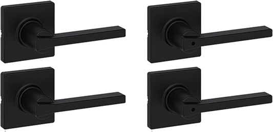 Kwikset Casey Hallway Passage and Bed/Bath Privacy Door Handle 4 Pack, 2 Passage Levers and 2 Privacy Levers, Matte Black Reversible Interior Handles, with Microban