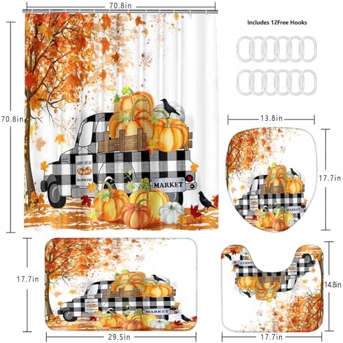 Yddsky Fall Maple Pumpkin Shower Curtain Sets with Rug Lid Cover and Mat