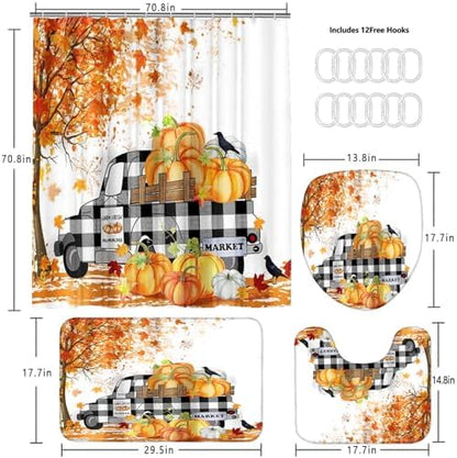 Yddsky Fall Maple Pumpkin Shower Curtain Sets with Rug Lid Cover and Mat