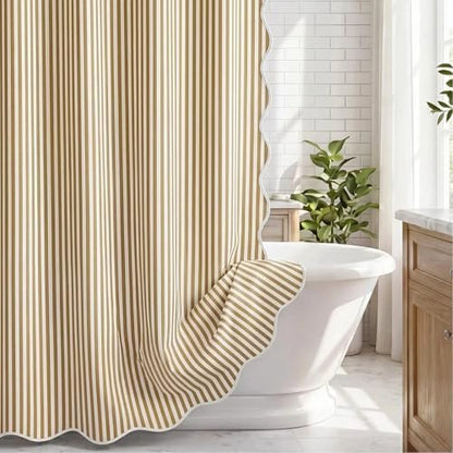 HunnmingRe Taupe Farmhouse Striped Shower Curtain Scalloped 72x72''