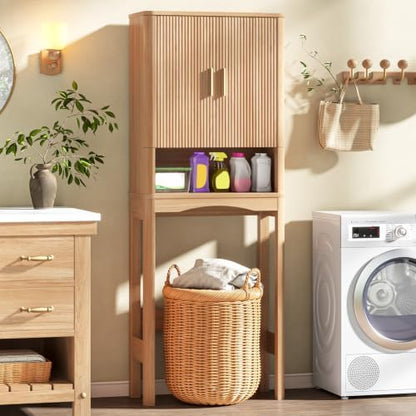 Vabches Farmhouse Over the Toilet Storage Cabinet with 2 Fluted Doors, Oak