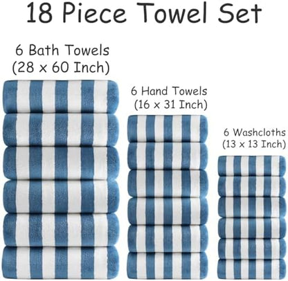 18 Pcs Navy Stripe Bath Towel Set with Hanging Loop-6 Bath Towels,6 Hand Towels,6 Washcloths Soft Family Towels Set Bathroom Towel Highly Absorbent Quick Dry Shower Towel for Beach Spa Gym Hotel