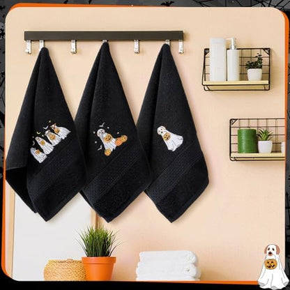 FuWeave 3 Pcs Black Halloween Ghost Dog Hand Towels for Bathroom
